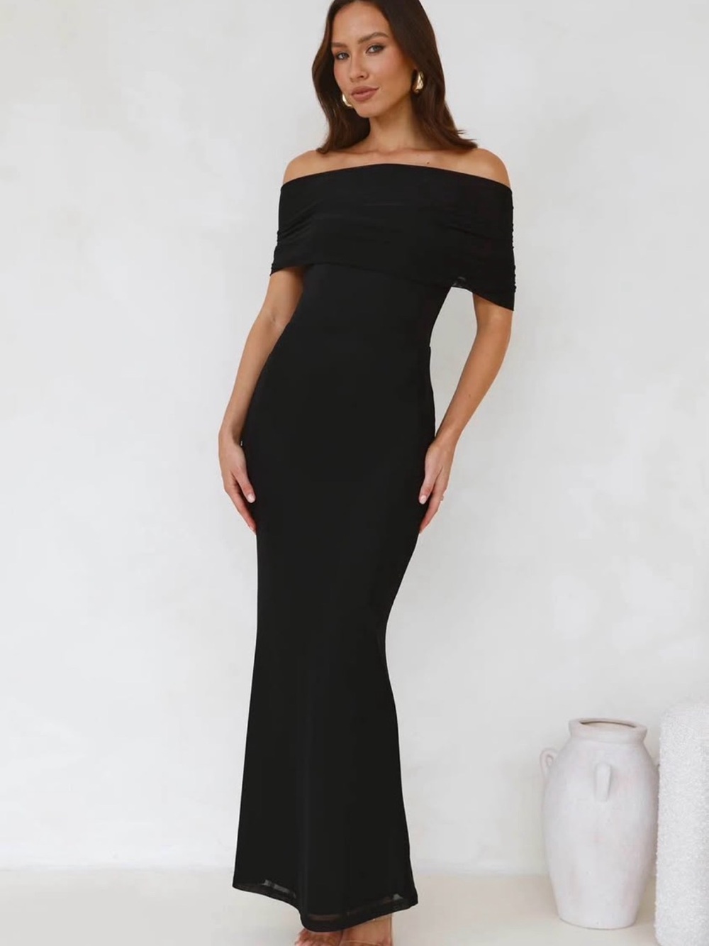 Hello Molly - Invited Off Shoulder Mesh Maxi Dress Black - Size Medium